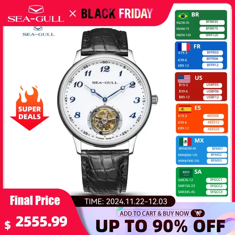 Seagull Men's Watch Tourbillon Manual Mechanical Wristwatch Classic Casual Sapphire Alligator Leather Strap Heritage Series 8809