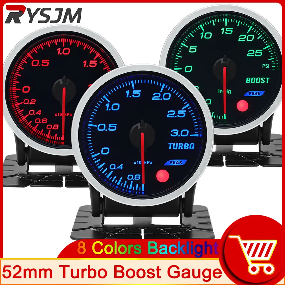

8 Color Backight 52mm Boost Gauge BAR PSI Tacometro Turbo Pressure Gauge Manometre Pression Turbo Fuel Oil Press Oil Temp 12V
