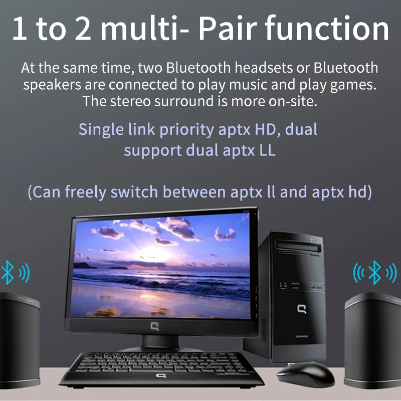 الارسال بلوتوث 5.0 1 إلى 2 سماعات سماعات لاسلكية محول الصوت APT-X LL/HD USB نوع-C لنينتندو PS4 TV PC دفتر