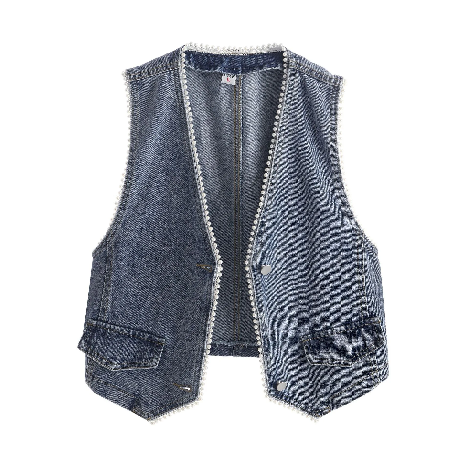 Denim Vest Women's Short Jackets Spring Autumn New Tide Heavy Industry Beaded Sleeveless Versatile Slim Top Female Waistcoat