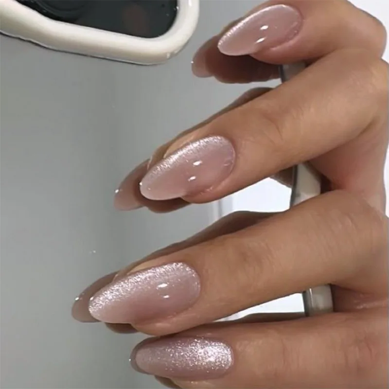 Doce rosa olho de gato brilhante arte do prego moda glitter amêndoa unhas falsas destacáveis acabados unhas falsas imprensa em unhas com cola