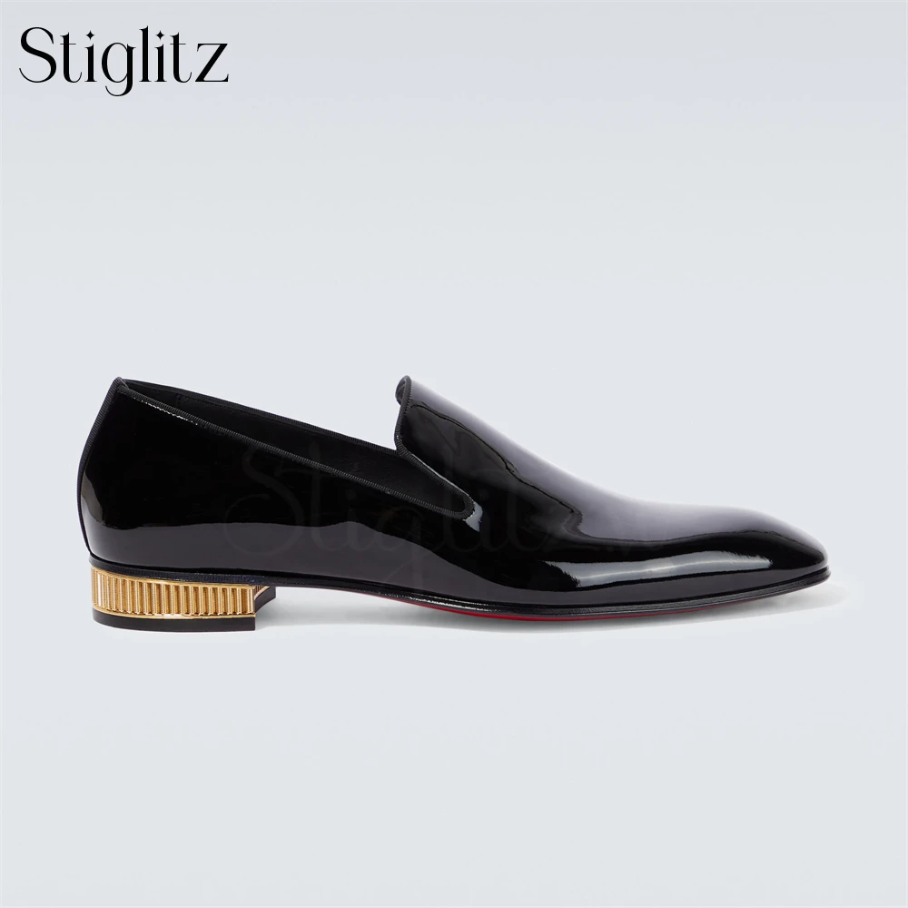 Metallic Gold Low Chunky Heel Loafers for Men Black Patent Leather Classic Dress Shoes Designer Style Handcrafted Leather Shoes