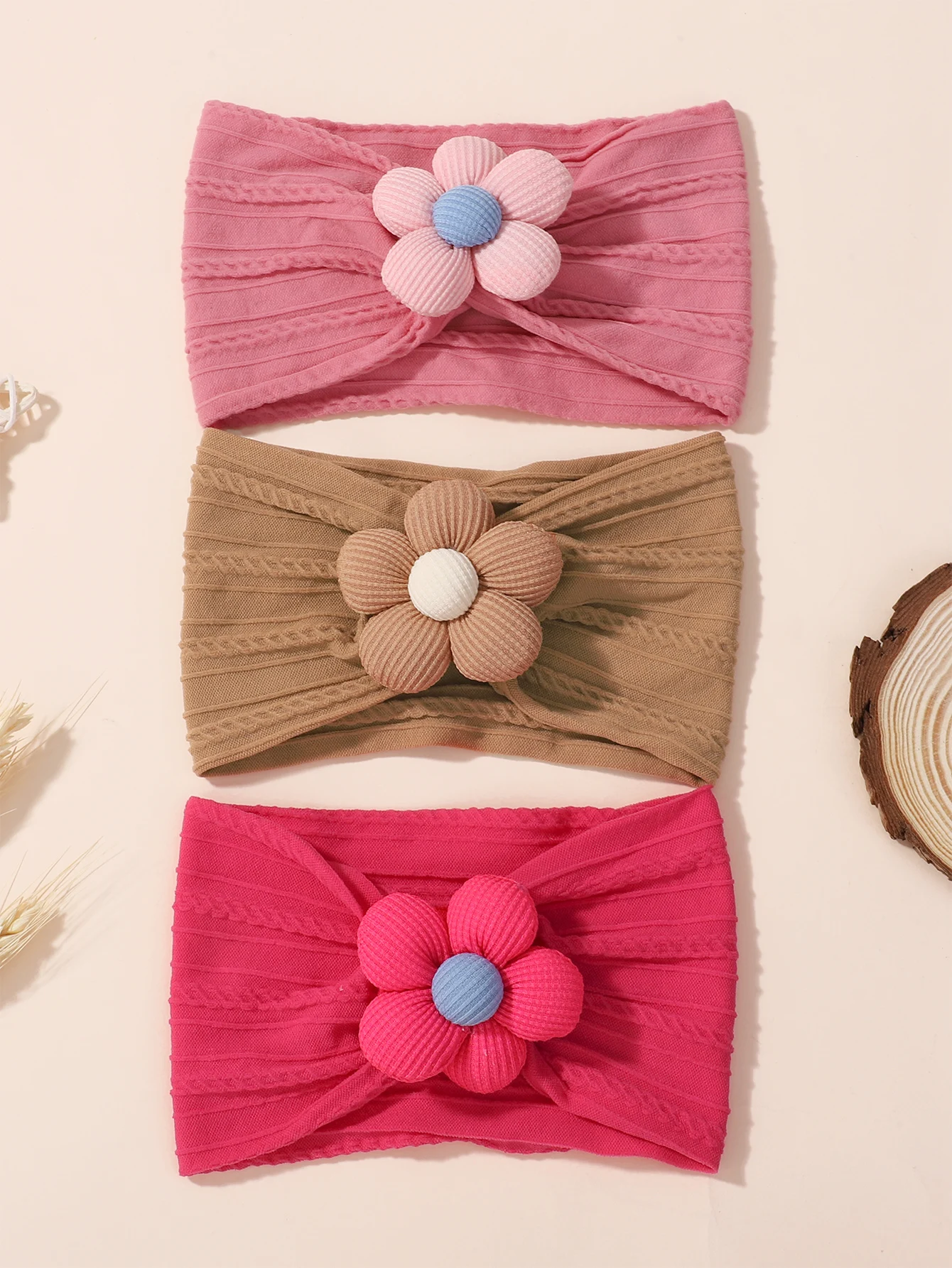 3Pcs Soft Nylon Knit Cables Headscarf Set for Newborn Baby Girls Elastic Flower Headband Wide Turban Toddler Hair Accessories