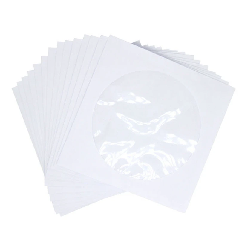 CD DVD Sleeves, DVD CD Media Paper Envelop Sleeves Holder With Clear Window Close Flap White, Pack Of 100