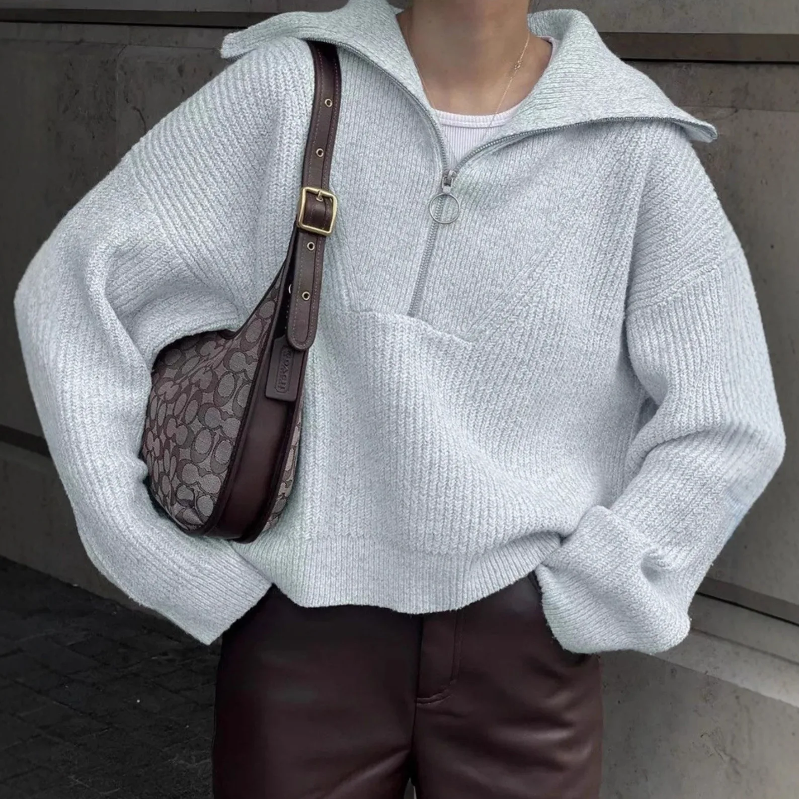 Color Blo Zipper Pullover Casual Women's Sweater Long Sve Polyester Fiber 70% Other Materials 30%  Color Knitwear