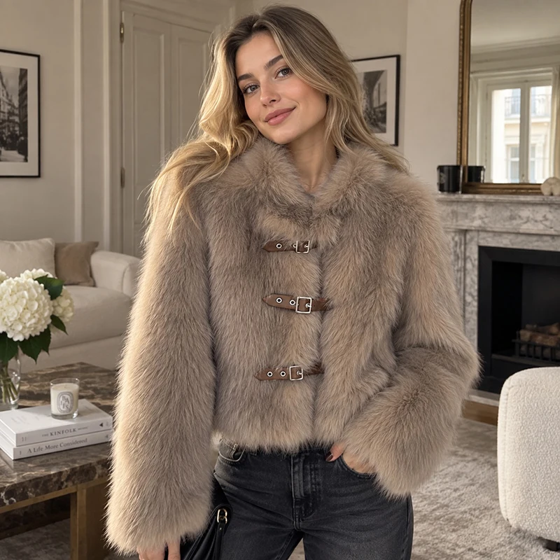 Luxury Fluffy Plush Coat Faux Fox Fur Jacket Stand Collar Metal Buckle 2026 Chic Elegant Women Party High Street Commute Outwear
