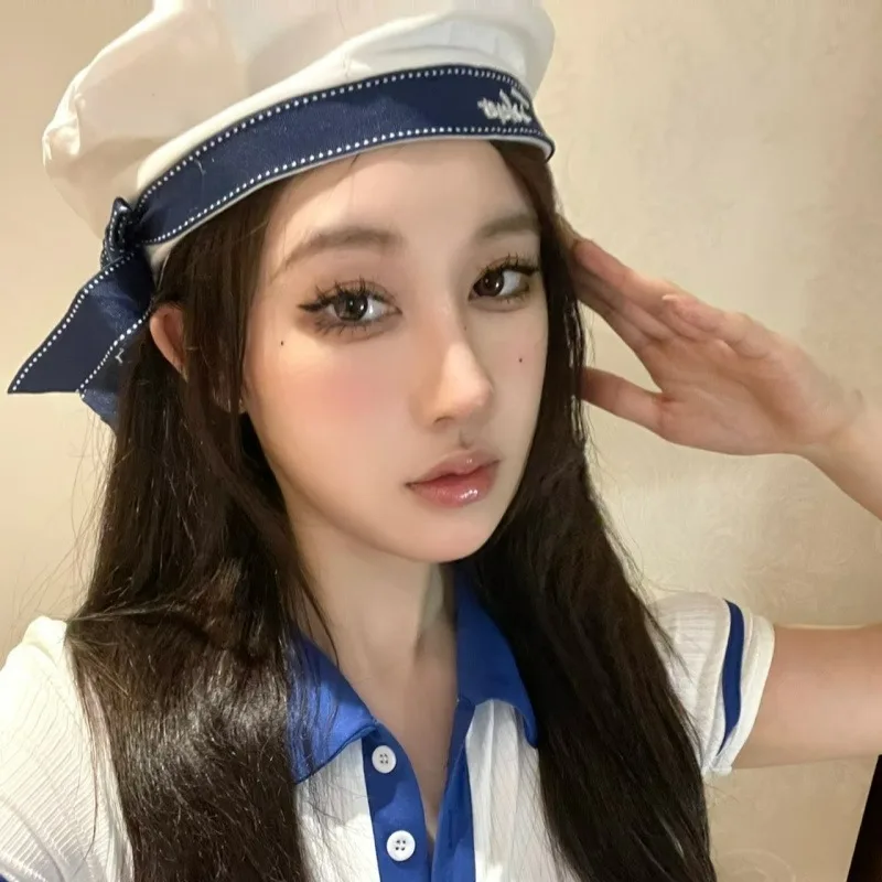 Women Beret Cap Nautical Sailor Hat JK Preppy Style Adjustable Bowknot Painter Hat Newsboy Cap French Artist Hat Girls Women