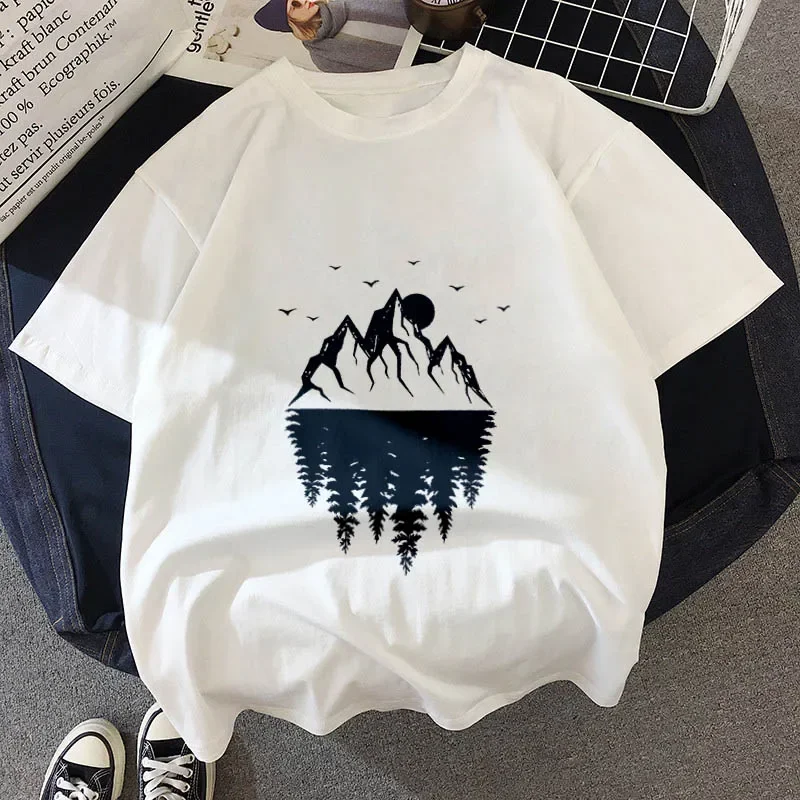 

Women T-Shirt Harajuku Dark Forest Print Letter Universe Faith Shirts White T Shirt O-neck Short Sleeve Tees Shirts Tops