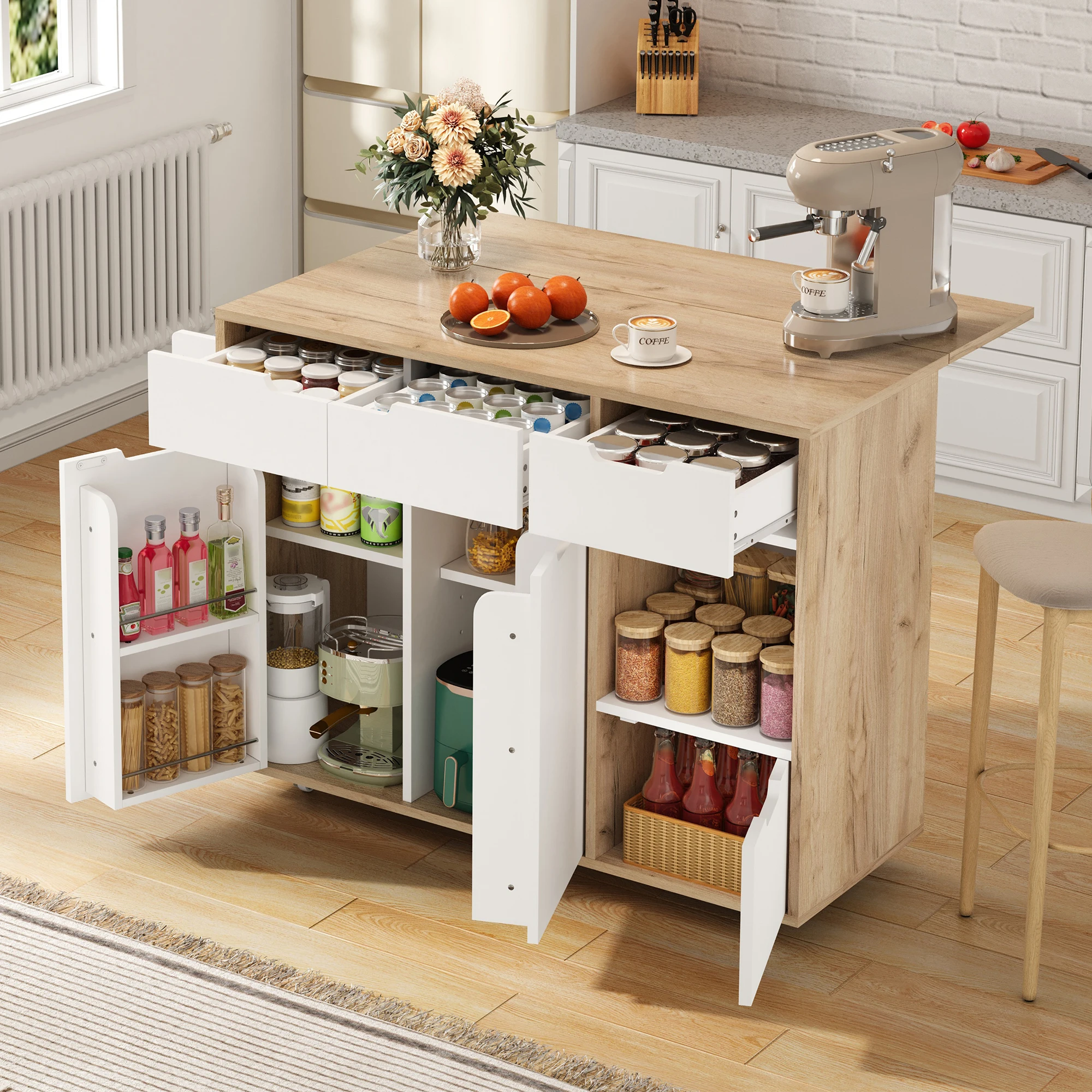 Buffet mobile Roulettes 360 °   Tiroirs, placards, niche ouverte, structure stable, cuisine/salon/bureau, bois d'ingénierie blanc