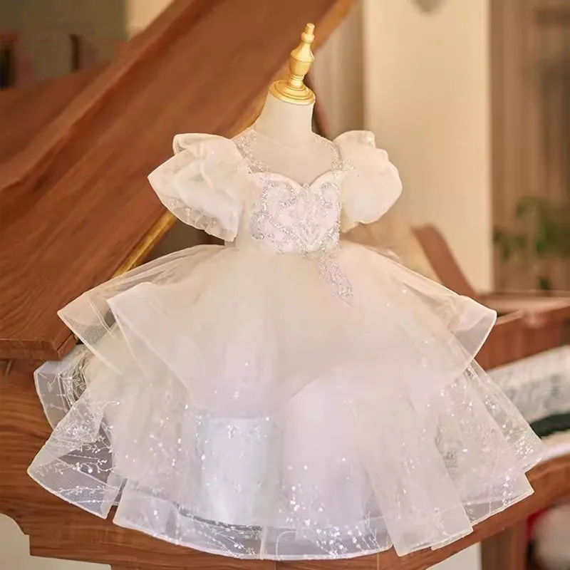 New Children\'s Host Catwalk Princess Evening Gown Wedding Birthday Baptism Party Flower Girl Dresses A4133 Vestidos