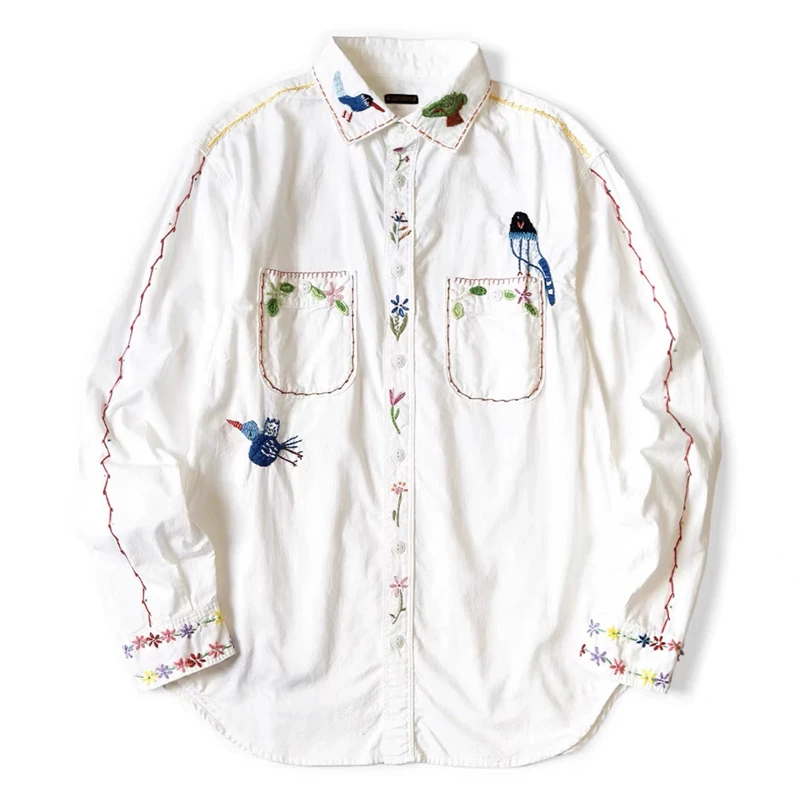 

Japanese Hirata and Hiroshi Style Embroidered Bird and Flower lapel Long-Sleeved Shirt Men Women