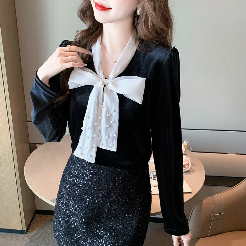 Autumn Fashion Velvet Long Sleeve Bow Collar Women Blouse Sweet Pearl Lace Up Grace Blouse Shirt Women Tops Blusas De Mujer D234