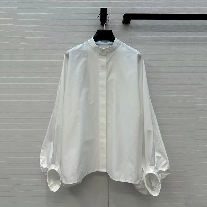 

Women's Puff Sleeve Stand Collar Shirt Stylish Casual Single-Breasted Top High-Quality Pure Cotton Shirt Fall Season, New Arriva