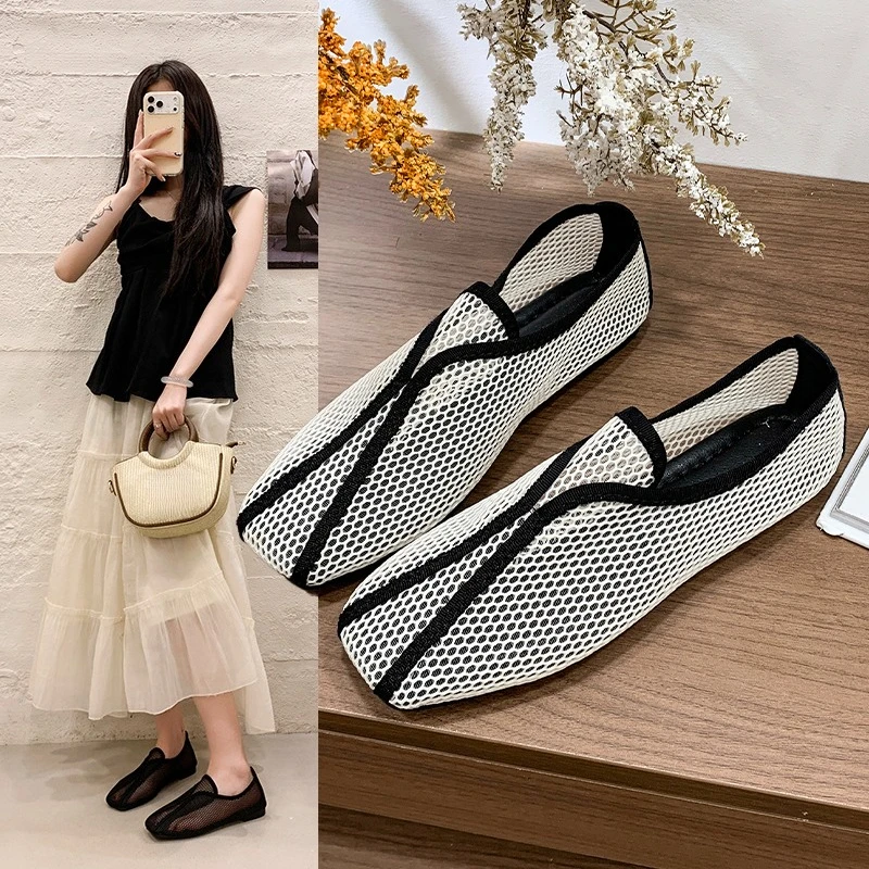 2026 Hollowed-out Mesh Sandals for Women Summer One-Piece Square-Toe Flat Ballet Mary Jane Shoes Plus Size 35-42