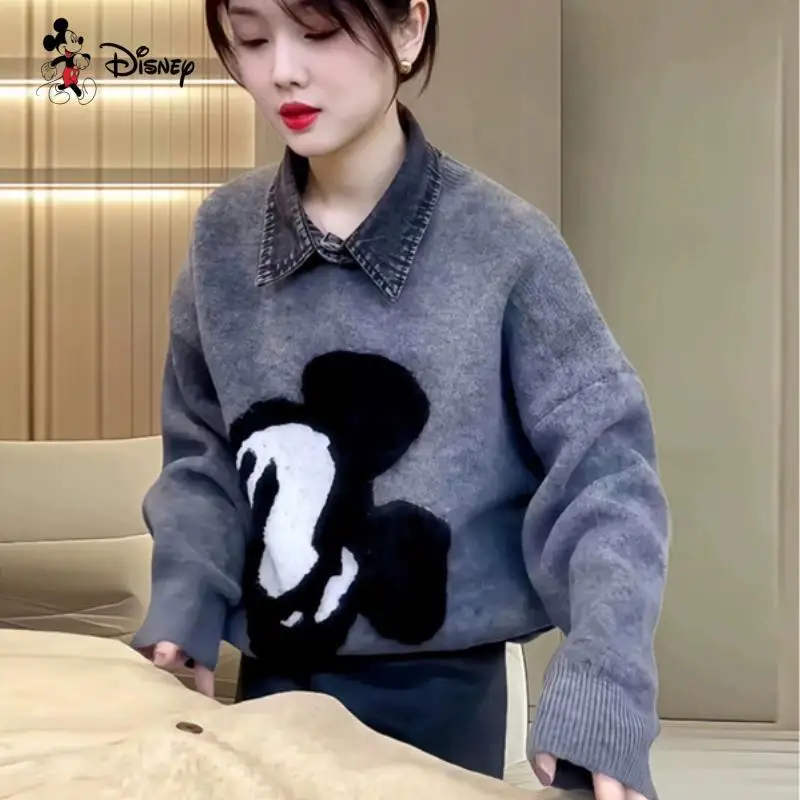 

Girls' New Lapel Sweater Gray Round Neck Pullover Loose Sweater Women's Autumn and Winter Korean Style Lazy Fake Two Piece Tops