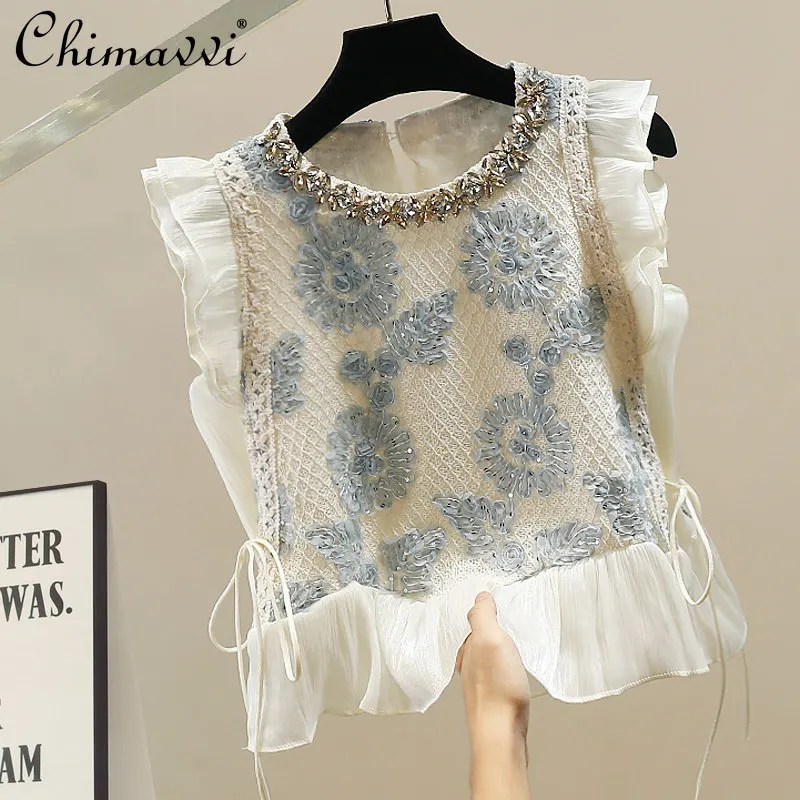 

Fashion Heavy French Lace Patchwork Small Flying Sleeve Shirt Women's Summer Sweet Ruffles Strap Heavy Industry Embroider Tops