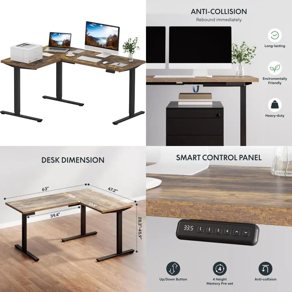 Electric Adjustable Height Corner Standing Desk, L-Shaped Sit Stand Computer Table, 63 x 48 for Home Office with Spacious Layout
