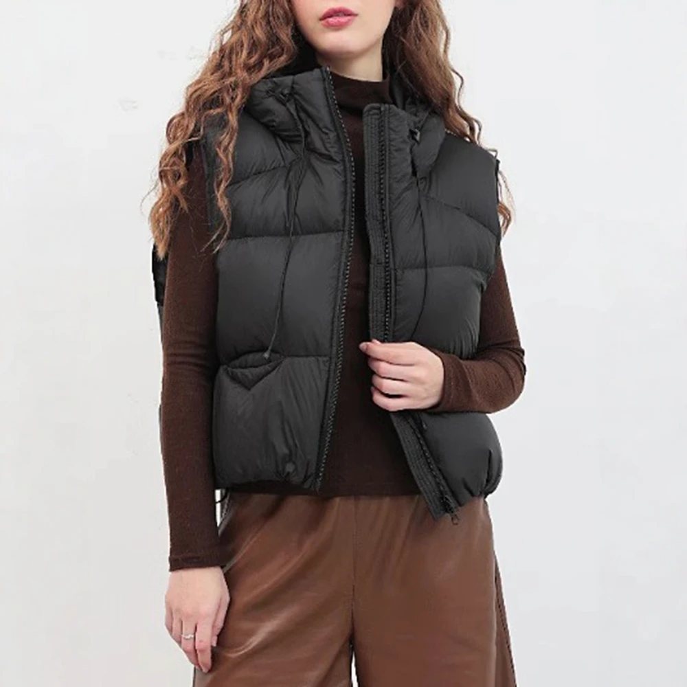 معطف نسائي للخريف والشتاء بدون أكمام مع غطاء للرأس وتصميم عادي مريح وسترة قطنية أساسية يومية مع جيوب