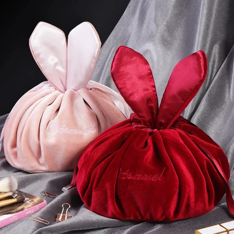 Elegantly Cosmetic Bag Hand Carrying Rabbit Ear Velvet Cosmetic Storage Bag Travel Portable Drawstring Washing Bag