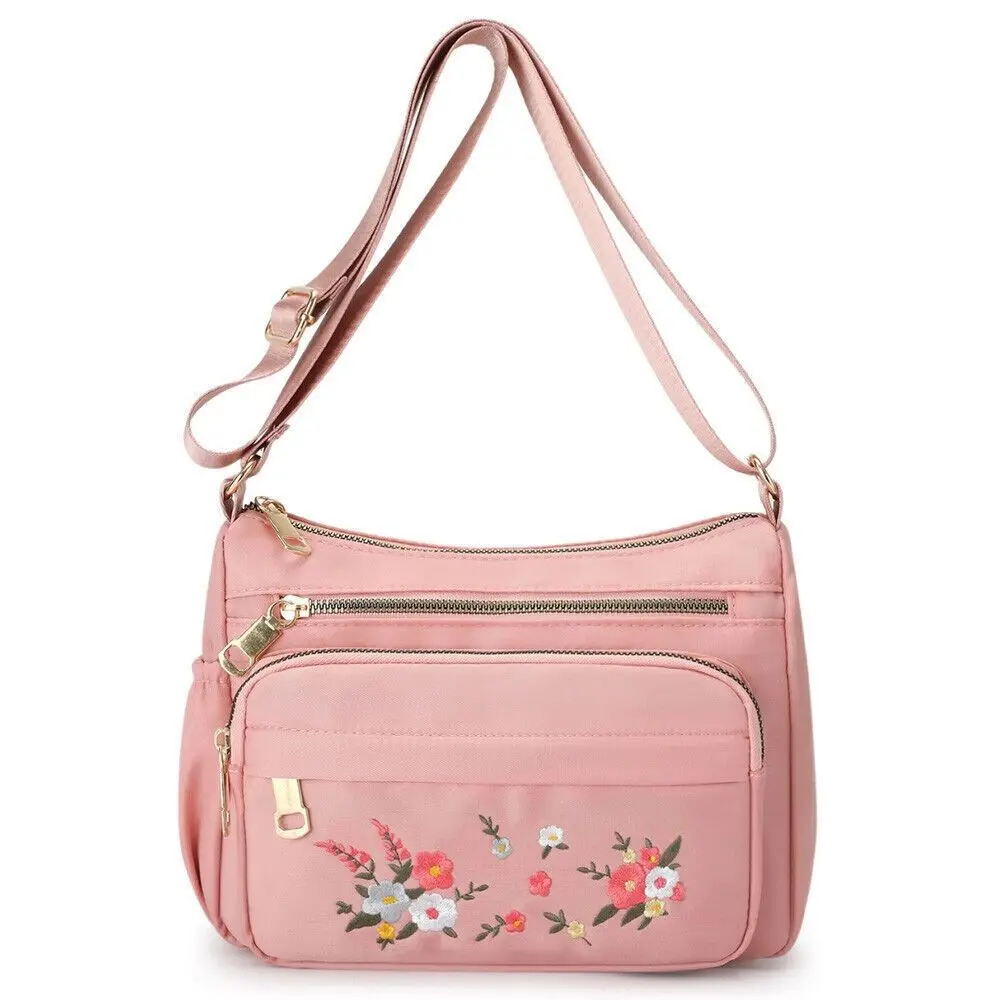 

Casual Embroidery Flowers Ladies Crossbody Bag Large Capacity Solid Color Women Handbag Lightweight Zipper Shoulder Bag