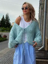 Fashion Glitter Lace Up Knitted Cardigan For Women Elegant V Neck Lantern Long Sleeve Sweaters 2024 Autumn Ins New Casual Coats