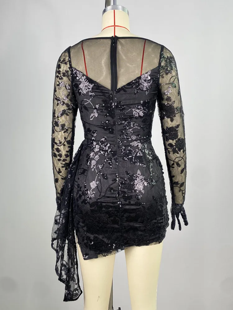 Women Summer Sexy Long Sleeve V Neck Sequins Black Lace Mini Dress 2024 Elegant Party Evening Stage Performance Dress Vestido