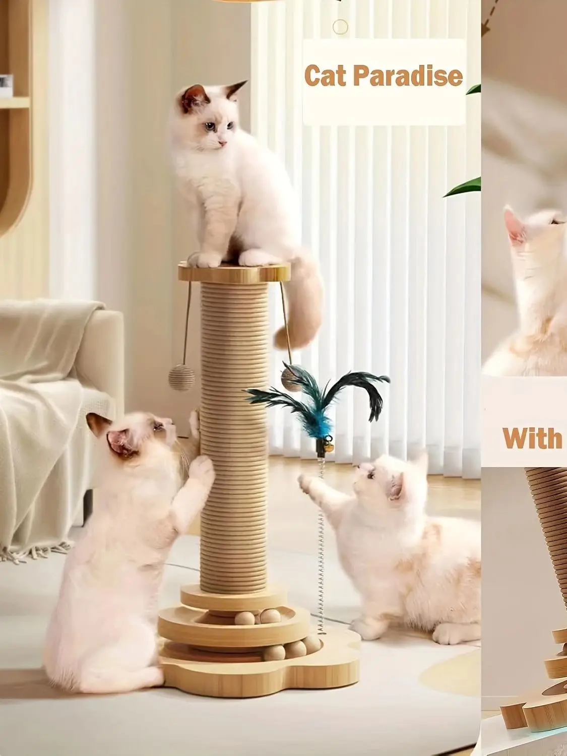 Katzen-Kratzbaum, 4-in-1 Holz-Katzenkratzspielzeug, 46cm Hoher Kratzbaum mit Horizontaler Katzen-Kreuzungskugel und 2 Bällen