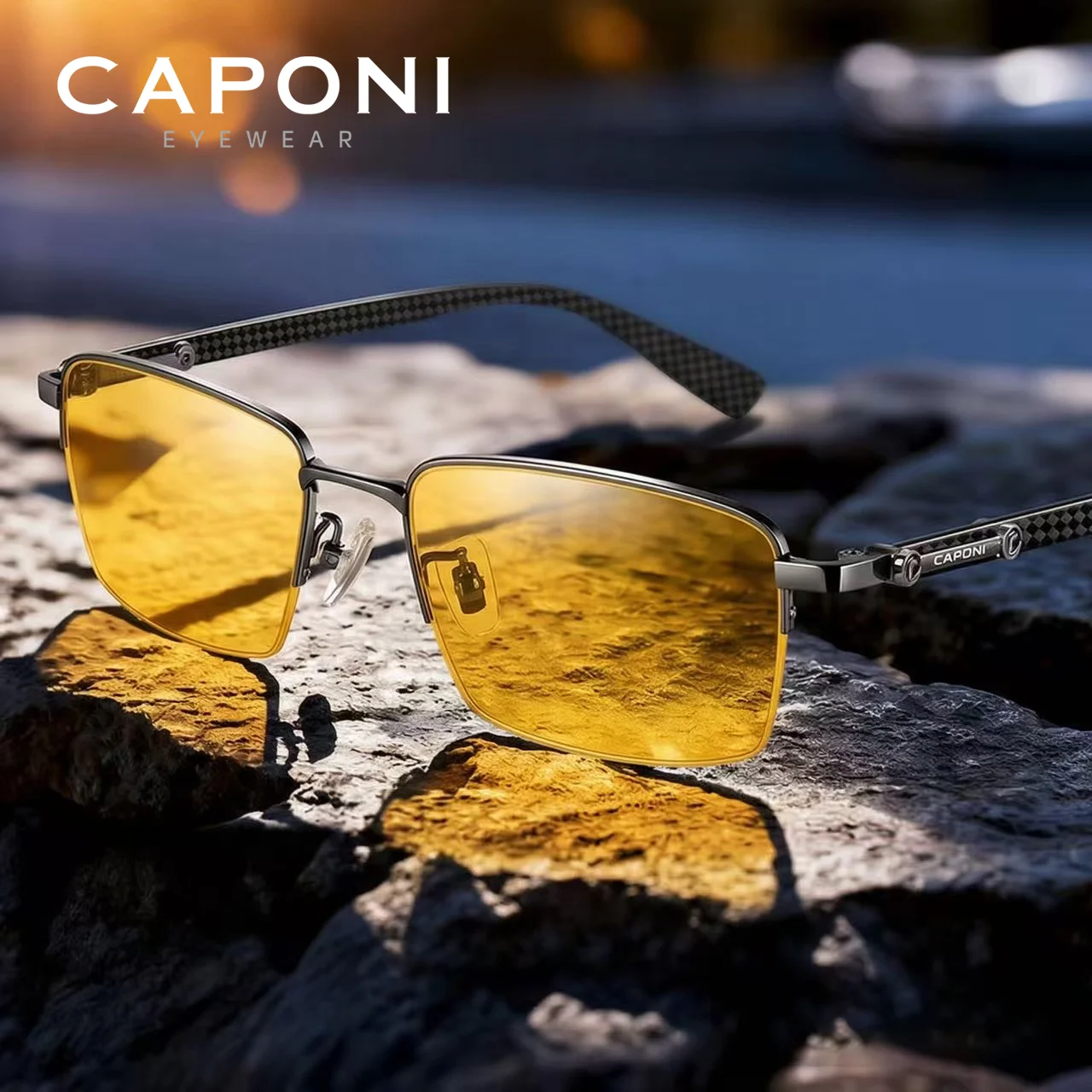 CAPONI Night Vision Men Sunglasses Carbon Fiber Anti-glare Day and Night Driving Sunglasses Photochromic Brown Eyewear BSYS35603