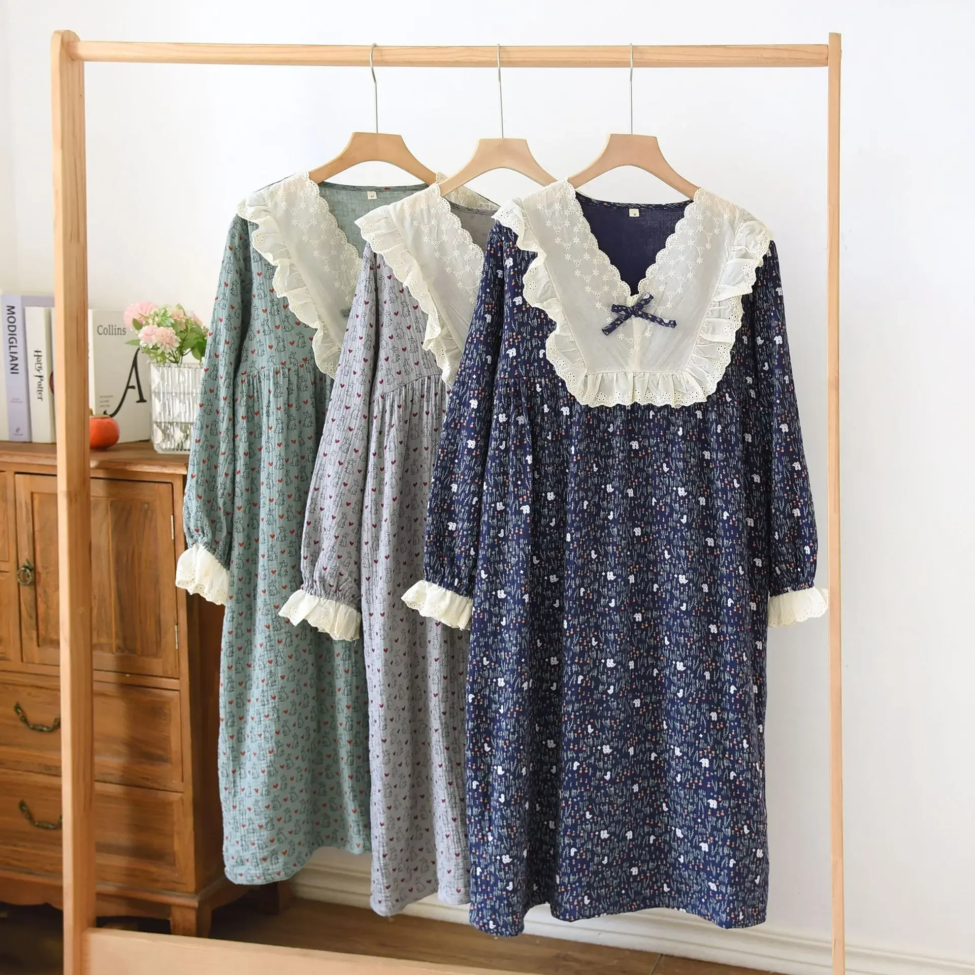 Casual 100% Cotton Nightgown Women Sleepwear A-Line Long Sleeve Loose Midi Blue Night Dress Female Homewear Nighty For Ladies