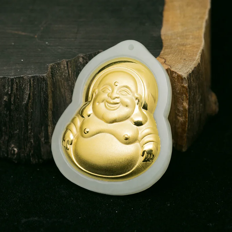 Hetian Gold-Inlaid Maitreya Men And Women, Laughing Buddha Jade Pendant
