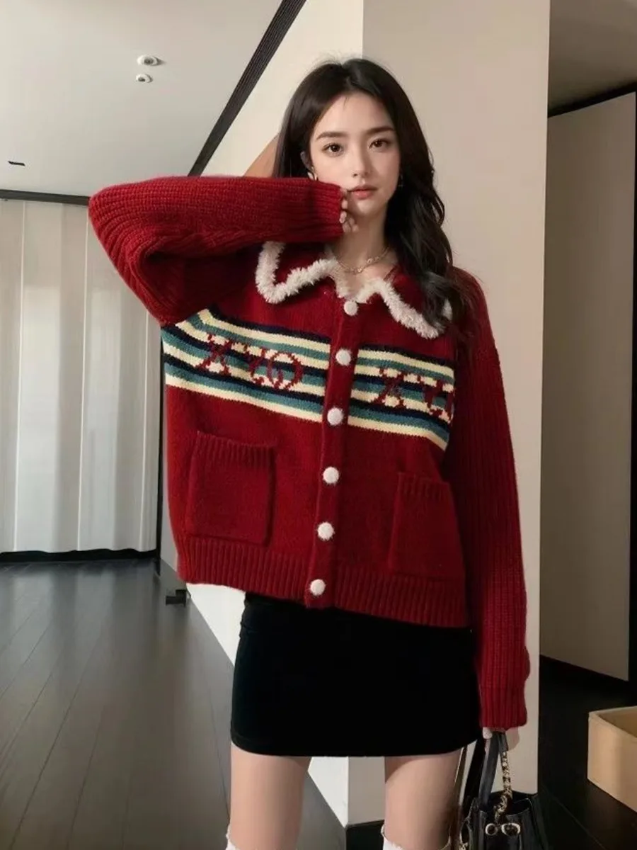 

Winter Woman Retro Turn-down Collar Stylish Knitted Cardigan Chic Christmas New Year Red Sweater Female Casual Loose Sweater