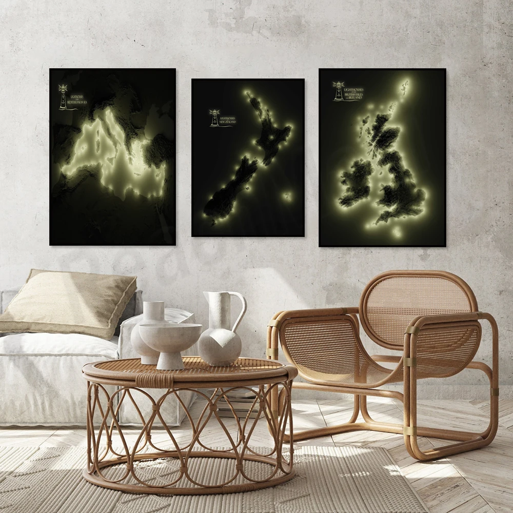 Australia, New Zealand, British Isles and Ireland lighthouses, Mediterranean lighthouses shaded relief map canvas print poster