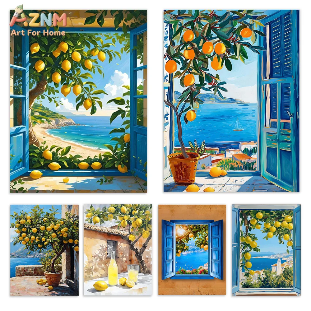 AZNM Mediterranean Blue Window Lemon Tree Canvas Wall Art Seaside Coast Summer Scenery Oil Painting Print Unframed Canvas Kitche