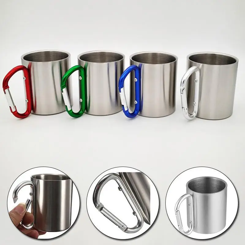 220Ml Stainless Steel Cup for Camping Traveling Outdoor Cup Hook Handle Carabiner Climbing Backpacking Portable Party Drinkware