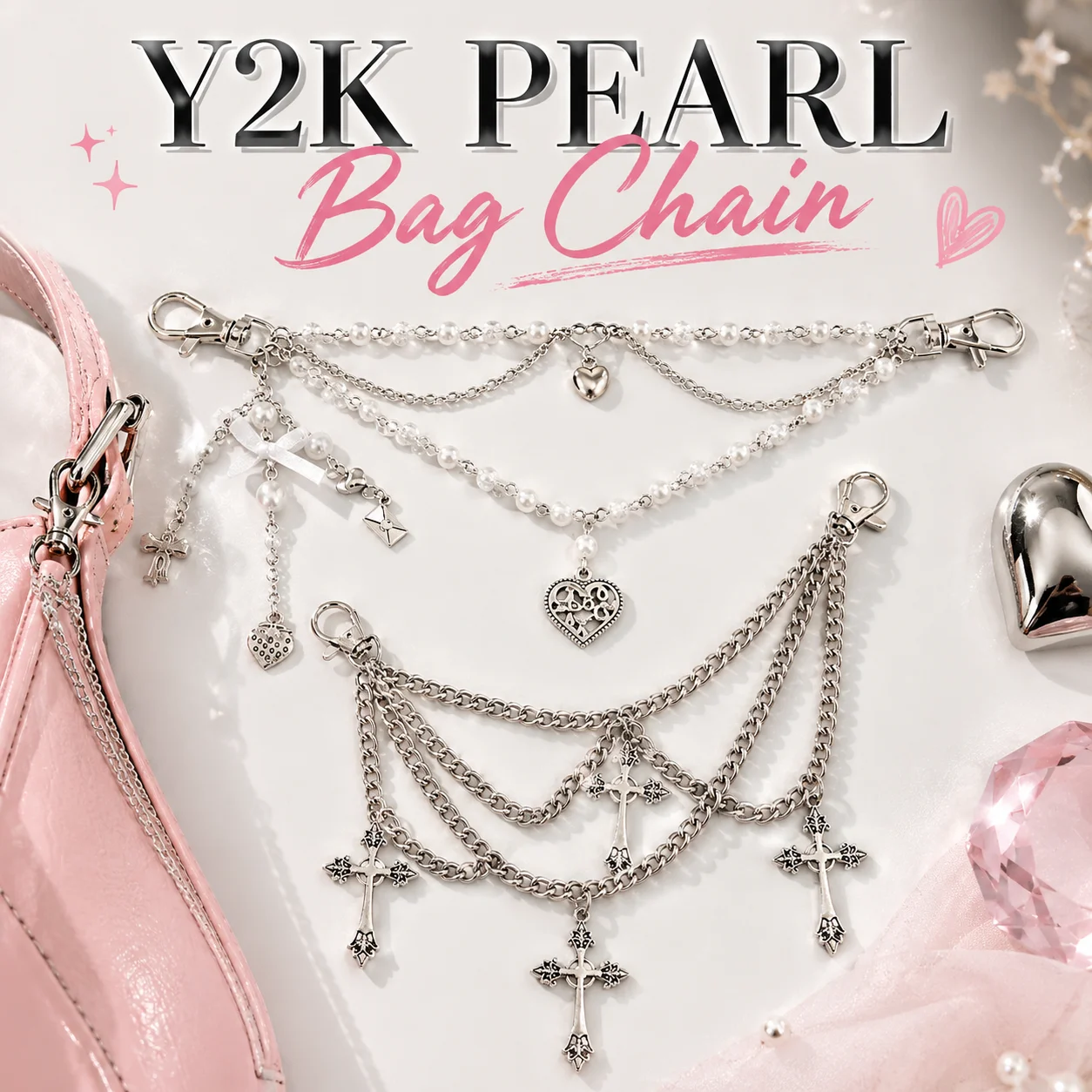 Y2K Pearl Bag Chain Gothic Cross Pendant Charm Multi Layer Metal Strap For Handbag DIY Replacement Accessories
