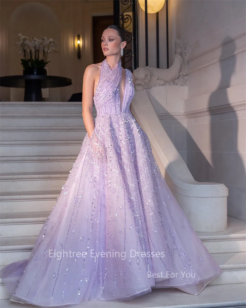 Eightree Lilac Luxury Sparkly Evening Party Dresses Halter A Line Shiny Sequined Purple Prom Gowns Special Occasionفساتين السهرة