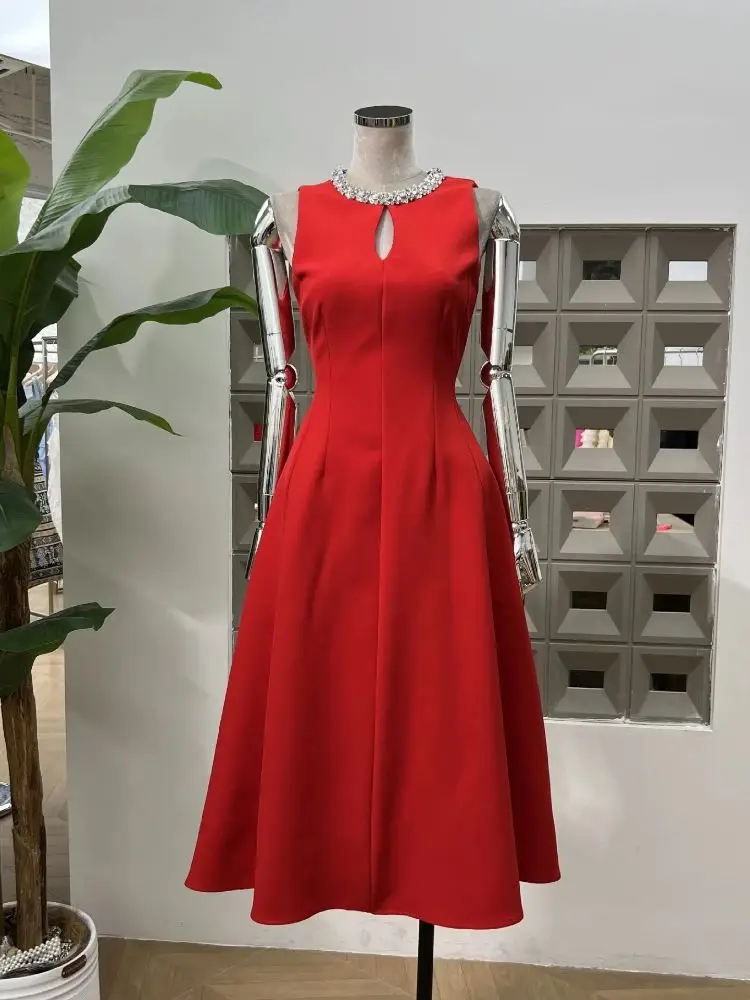 

Vintage Long Dress Women Fashion Summer Sleeveless Crystal O-Neck Solid Elegant Party Dresses Evening Cocktail Formal Gown