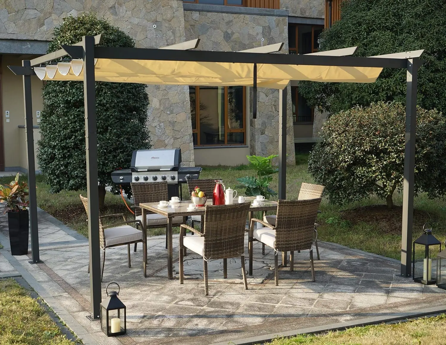 NEW Morgan Outdoor Extra-Large Gray Aluminum Frame Pergola with Sunshade Canopy (10'x13', Beige)