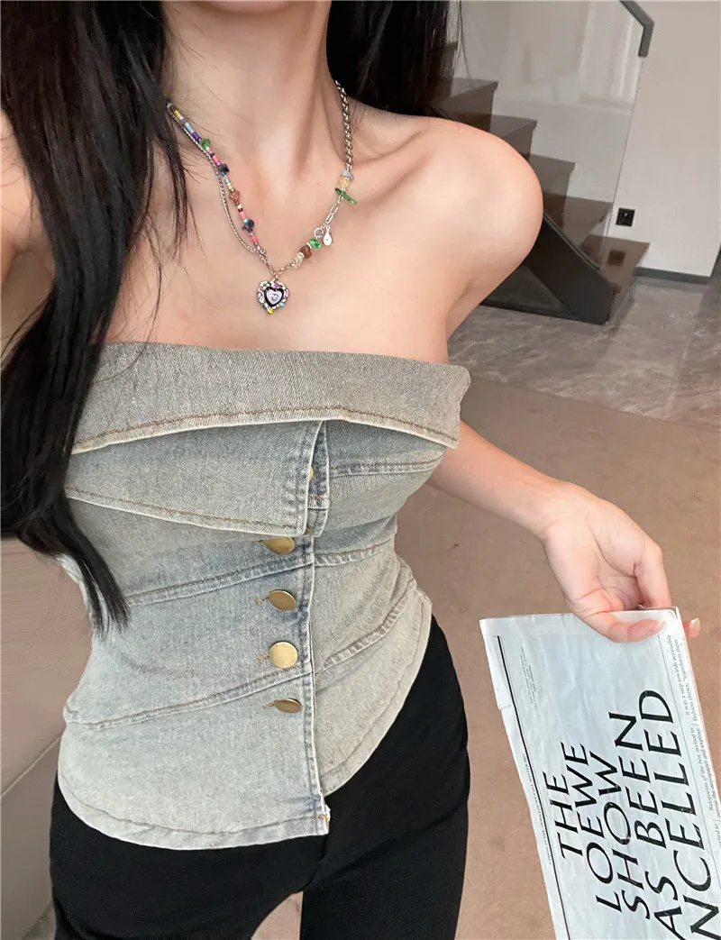 Summer Denim Tube Crop Top Girl Slash Collar Strapless Camis Female Buttons Sweet Hot Irregular Camisole For Slim Women