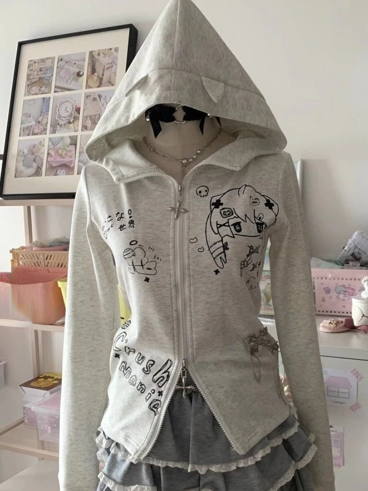 Japanese Cartoon Print Hoodies Women Harajuku Vintage Double Zipper Gothic Sweatshirt Grunge Casual Streetwear Y2k Aesthetic