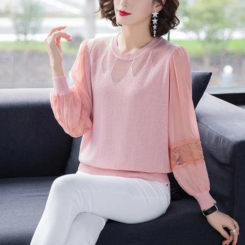 Simple Elegant Round Neck Solid Color Summer Women's Lace Hollow Long Sleeved Loose and Fashion Versatile Knitted Shirt Tops