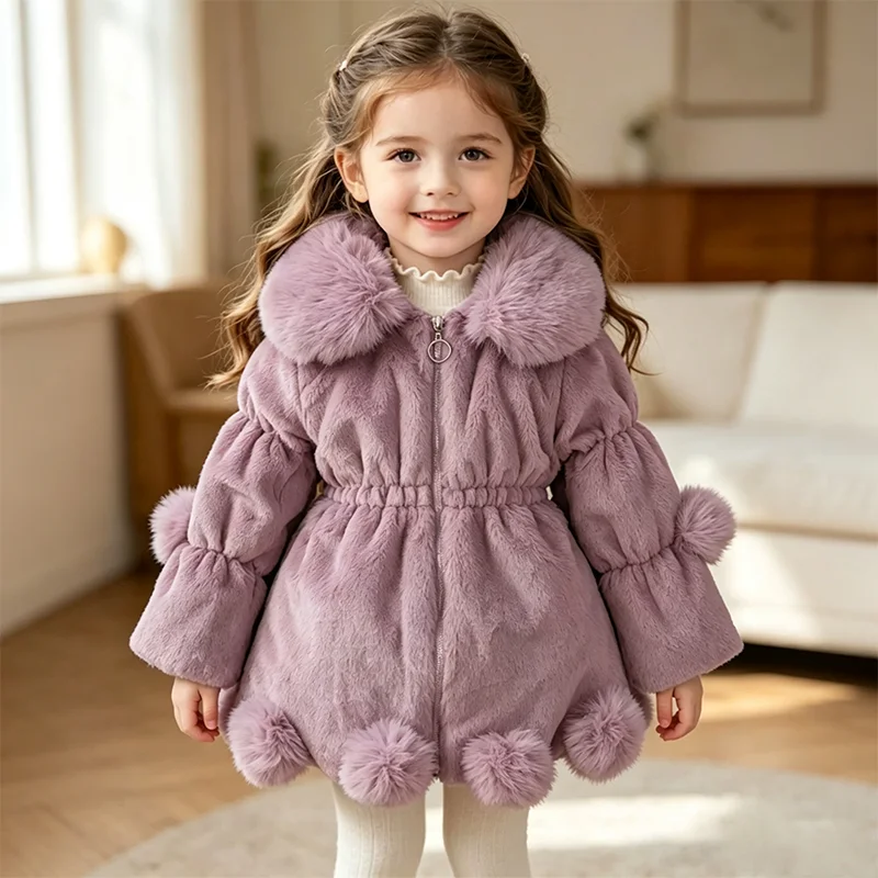 Girls Fashion Imitation Fur Jacket Autumn Winter Solid Color Plush Cotton Coat Casual Thicken Warm Outerwear for Kids 2-10 Years