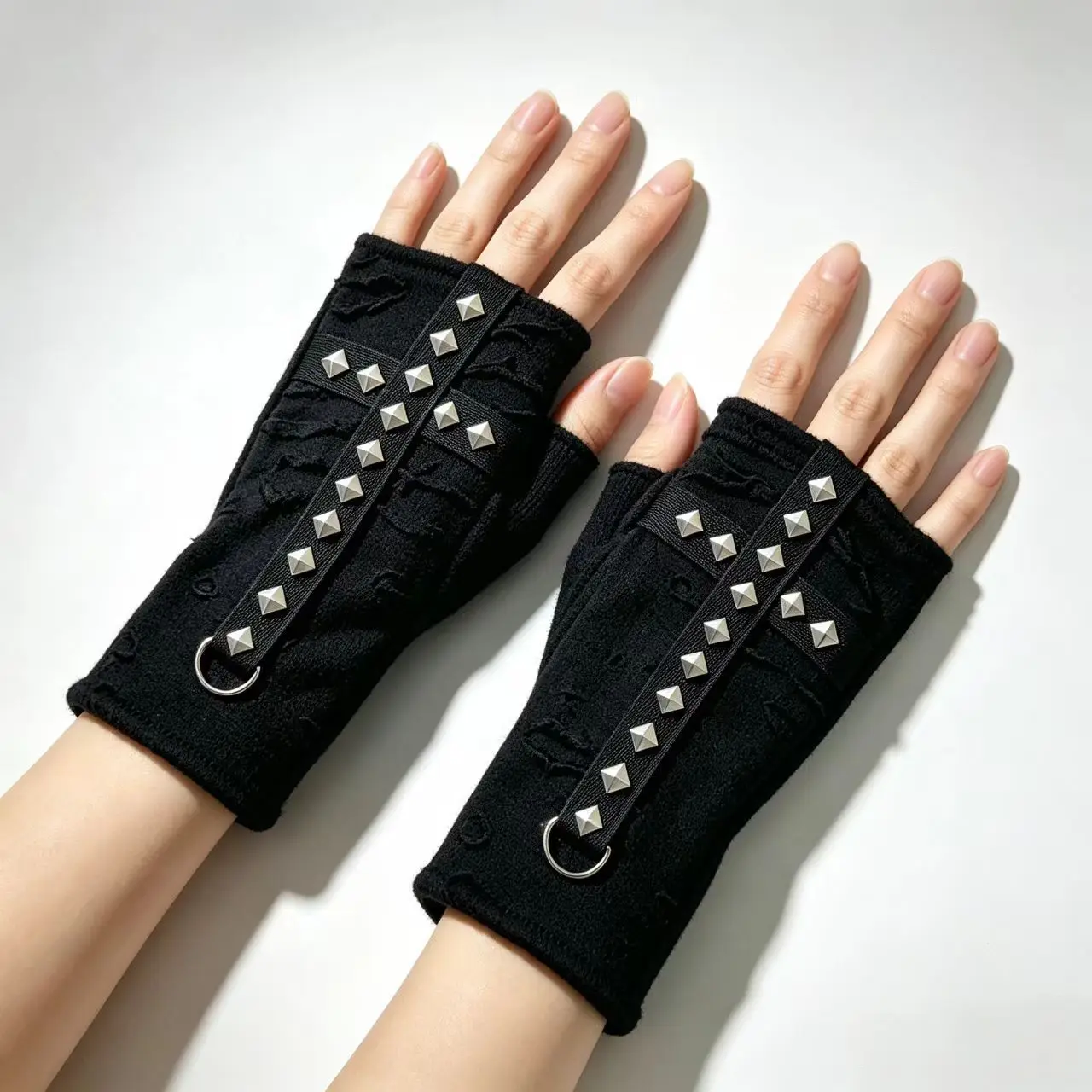 Dark Punk Fingerless Half Gloves with Silver Cross Rivets Gothic Street Style Short Cut-Out Gloves for Women