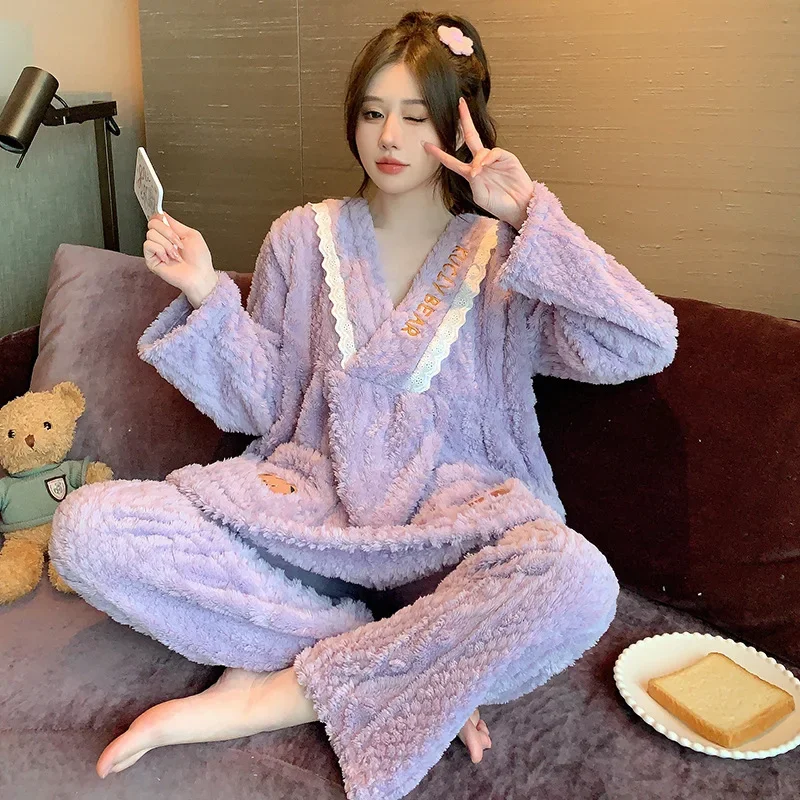 5XL Plus Size Winter Coral Velvet Pajamas Set Women Korean Sweet Lady Flannel Home Clothes Sleepwear Two-piece Set Loungewear