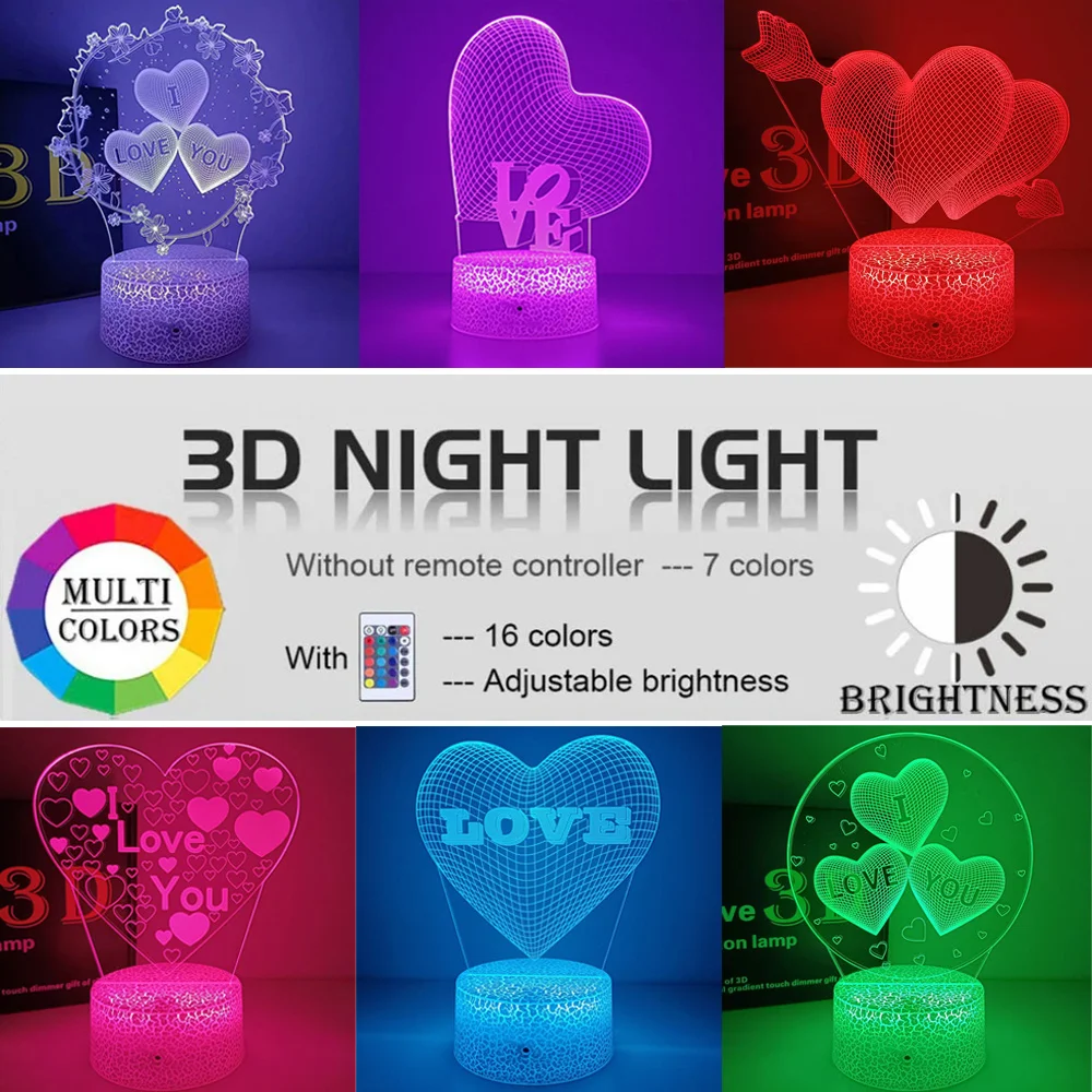 Heart 3D Acrylic Kids Bedside Table Lamp LED I Love You 16 Colors Touch Night Light Girlfriend Valentine\'s Day Birthday Gift