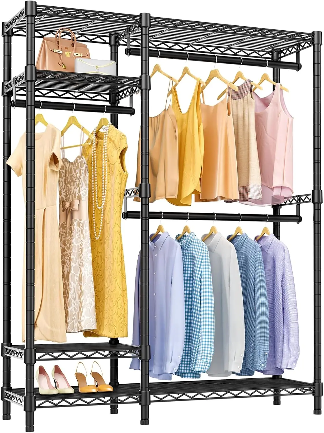 Garment Rack Metal Clothing Rack for Hanging Clothes, 4 Tiers Wire Shelving Clothes Rack with 3 Hanging Rods, Free Standing Clos