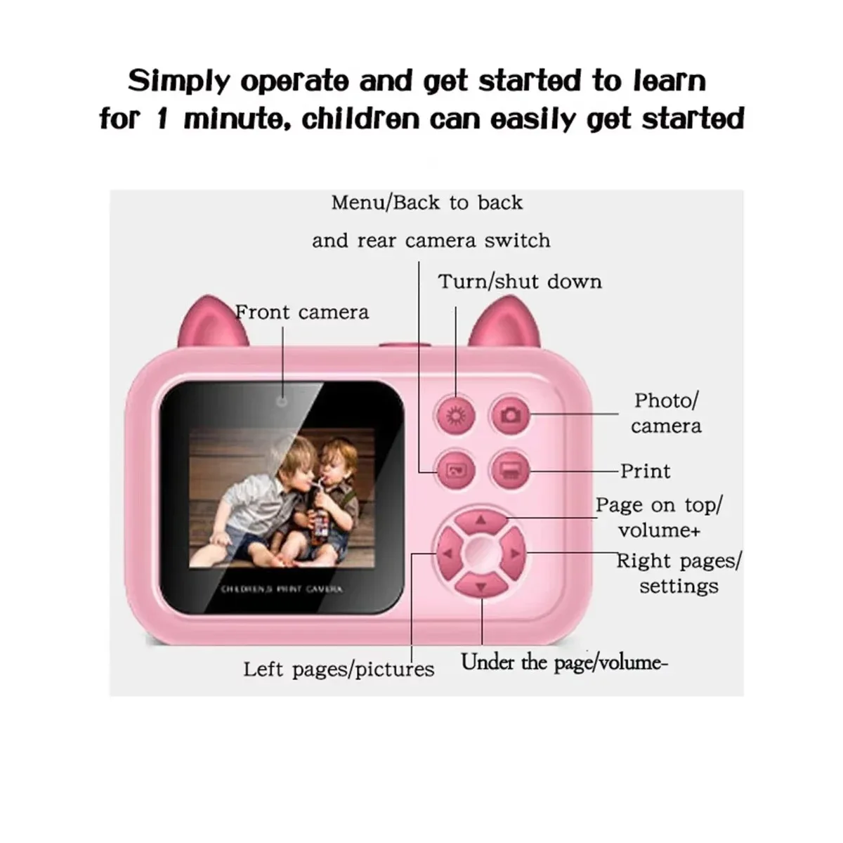 كاميرا طباعة فورية للأطفال S6-عدسة مزدوجة/1080P فيديو/موسيقى/ألعاب/طباعة حرارية 1 لفة ورق متضمن