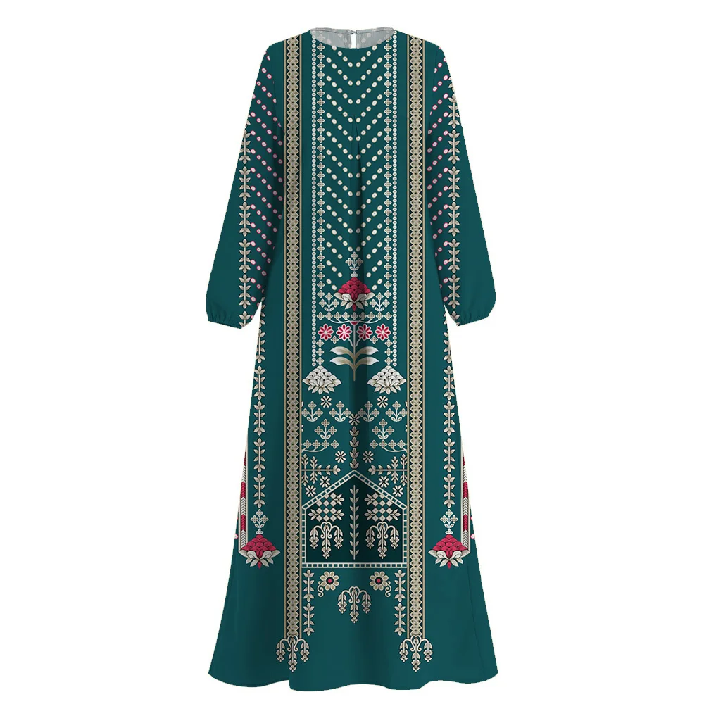 Muslim Abayas Women Dubai Luxury 2024 Femme Long Sleeve Vintage ethnic Print O-Neck Robe Islamic Dress Marocain Femme Kaftan