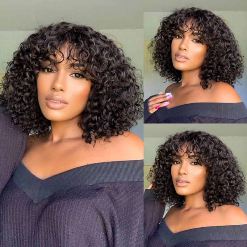 Nocomplex Short Bob Human Hair Wigs with Bangs Put On and Go Curly Wigs Glueless Brazilian Wigs On Sale Fast Shipping