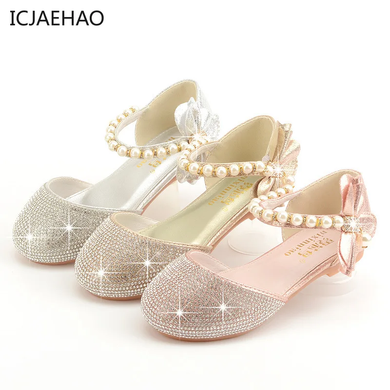 ICJAEHAO Wedding Party Shoes Kids Girls Bow Child Classic Sandals Gown Gold Pink Silver Princess Diamond Glitter Crystal Shoes